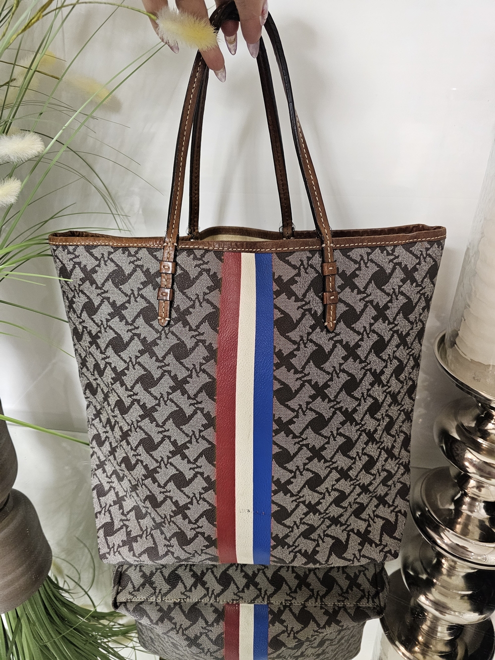 Juicy Couture Brown Patterned Tote with Red, White & Blue Stripe